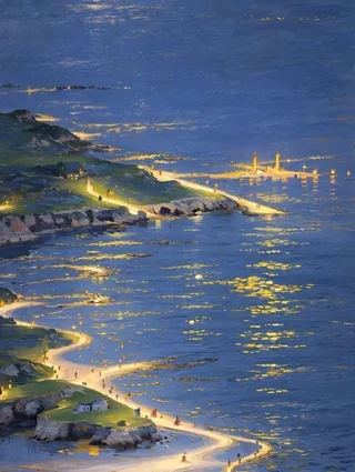 A painted coastline dotted with lights.