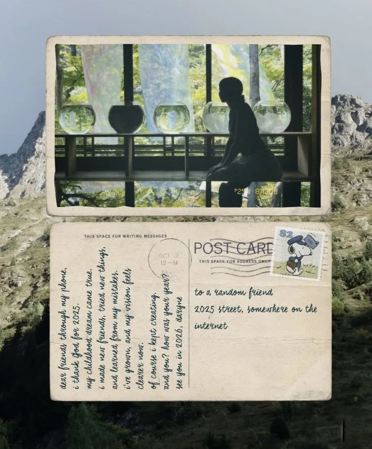 A postcard: a figure by a window with glass bowls; on the back, a handwritten note to a random friend.